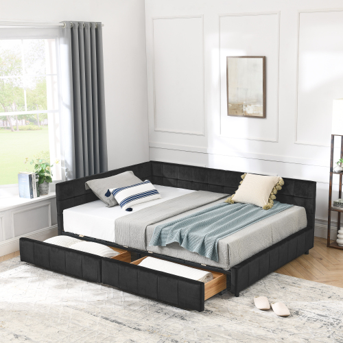 Full Size Storage Upholstered Tufted Bed Frame, Sofa Bed Frame with Comfortable Backrest and Armrests, Full Size Bed for Bedroom, Living Room,Velvet, BLACK(80.5''*59''*29.5'') - Foam - Box Spring Not Required - Eucalyptus - Composite