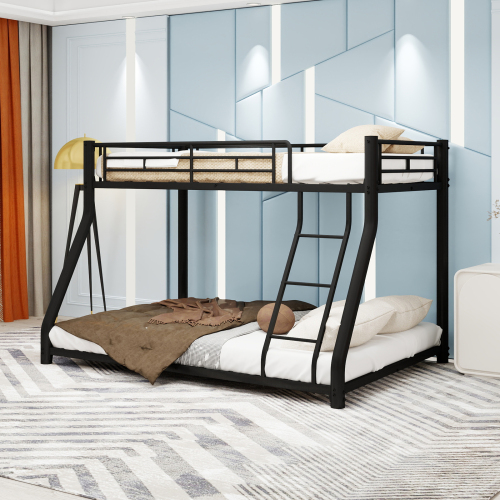 Twin Over Full Metal Bunk Bed, Heavy Duty Metal Bunk Bed Frame, Bunk Bed Twin Over Full with Ladder & Full-Length Guardrail for Teens Adults, Noise Free,Black - Iron - American Design,Casual,Classic,Contemporary - Iron - Bedroom - Box Spring Required