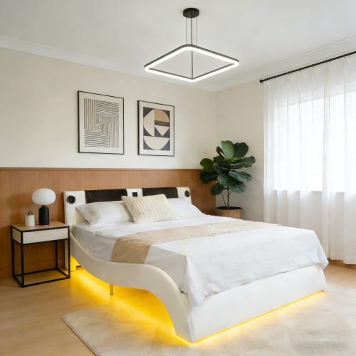 Faux Leather Upholstered Platform Bed Frame with led lighting, Bluetooth connection to play music control, Backrest vibration massage, Curve Design, Wood Slat Support, Exhibited Speakers, King Size - White - MDF - Box Spring Not Required