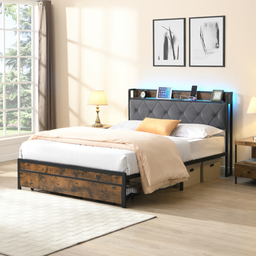 King Bed Frame with Storage, Bed Frame with LED Lights Upholstered Headboard and 2 Drawers, USB & Charging Station, No Box Spring Needed, Easy Assembly, Grey KING - Brown+Gray - MDF+Iron - Gray - MDF - Not Specified