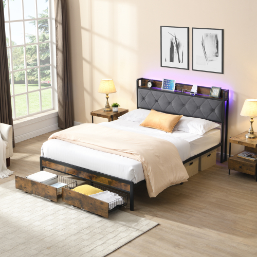 Queen Bed Frame with Storage, Bed Frame with LED Lights Upholstered Headboard and 2 Drawers, USB & Charging Station, No Box Spring Needed, Easy Assembly, Grey - Brown+Gray - MDF+Iron - Gray - MDF - Not Specified
