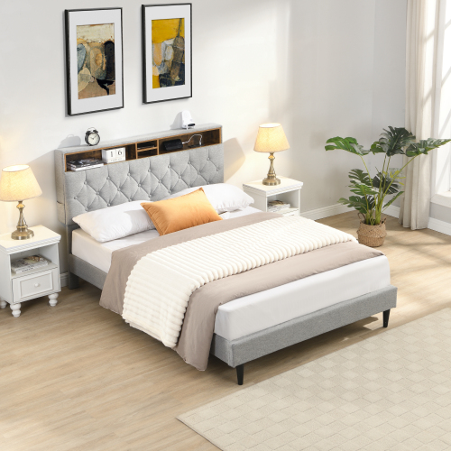 Queen-Size Upholstered Platform Bed Frame with a Modern Button-Tufted Linen Fabric Headboard,USB Ports,Convenient Charging Station,two side-mounted pockets,not require a box spring,Light Grey - MDF