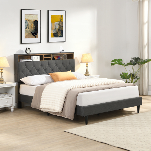 Queen-Size Upholstered Platform Bed Frame with a Modern Button-Tufted Linen Fabric Headboard,USB Ports,Convenient Charging Station,two side-mounted pockets,not require a box spring, Dark Grey - Dark Gray - MDF