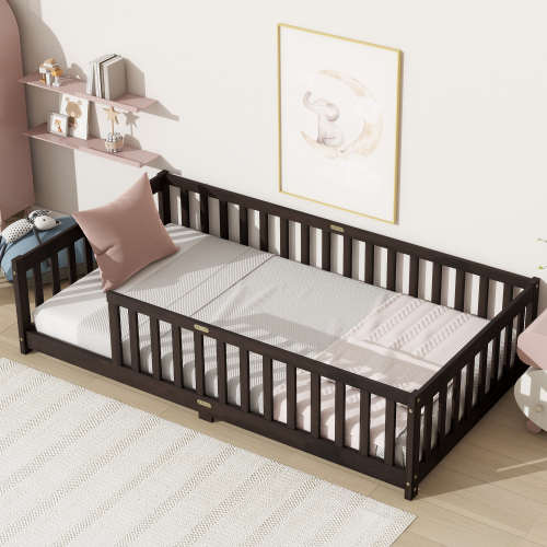 Twin Size Floor Bed with Fence without Door, Rubber Wood Floor Bed with Safety Guardrails,Espresso - Not Specified