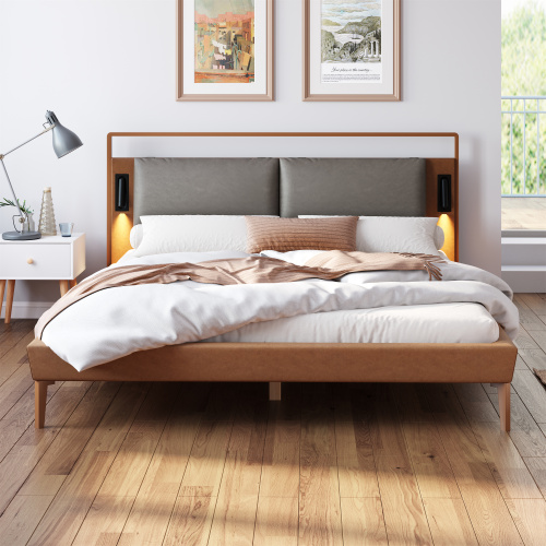 Brown&Gray Leather Queen Bed with 2pcs Night Lights - Brown+Gray - PU - Bedroom - Panel - Box Spring Not Required - Faux Leather