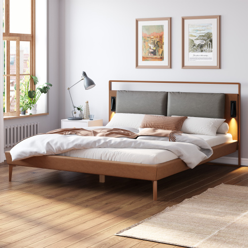 Brown&Gray Leather Full Size Bed with 2pcs Night Lights - Brown+Gray - PU - Contemporary,Industrial - Bedroom - Panel - Box Spring Not Required - Faux Leather