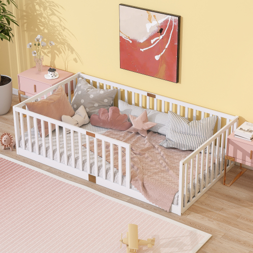 Twin Size Floor Bed with High Fence Railings, 6 Slats Included, Rubber Wood Floor Bed with Safety Guardrails, without Door,White