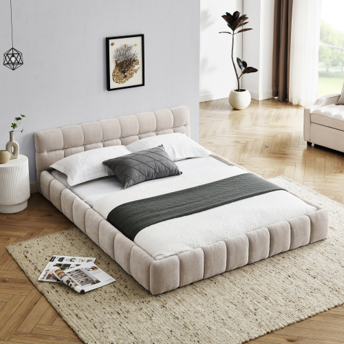 Queen Size Upholstered Bed Frame with Thick Fabric, Chenille Fabric Grounded Queen Size Platform Bed with Headboard and Solid Frame. No Box Spring Needed, Beige(68''*86.5''*23.5'') - Foam - Bedroom - Box Spring Not Required - Eucalyptus - Composite
