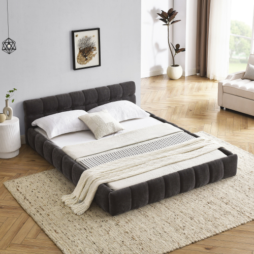 Queen Size Upholstered Bed Frame with Thick Fabric, Chenille Fabric Grounded Queen Size Platform Bed with Headboard and Solid Frame. No Box Spring Needed, Dark Grey(68''*86.5''*23.5'') - Foam - Bedroom - Box Spring Not Required - Eucalyptus - Composite