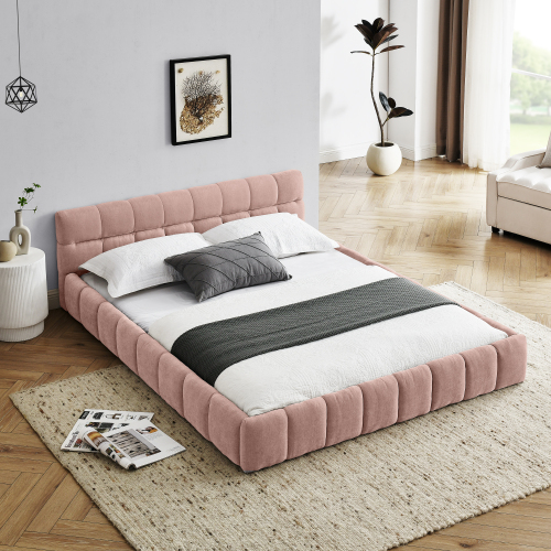 Queen Size Upholstered Bed Frame with Thick Fabric, Chenille Fabric Grounded Queen Size Platform Bed with Headboard and Solid Frame. No Box Spring Needed, PINK(68''*86.5''*23.5'') - Foam - Bedroom - Box Spring Not Required - Eucalyptus - Composite