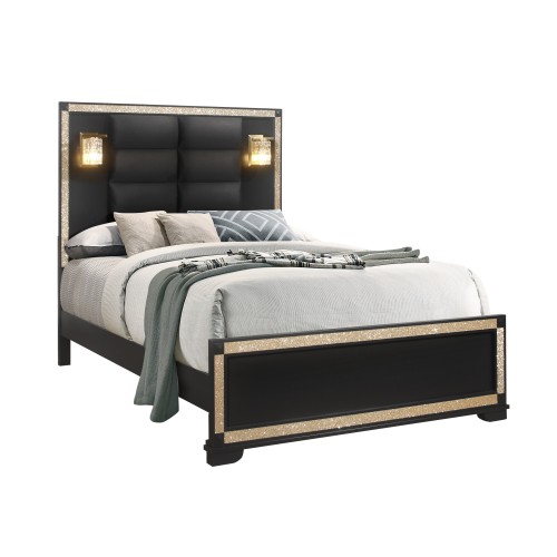 LIVELY BLACK/GOLD QUEEN BED WITH LAMPS - Solid Wood+MDF - Solid Wood+MDF - Contemporary - Bedroom - Rubberwood - Solid Wood - Not Specified - Not Specified - Not Specified - Not Specified - Bed Frame - Box Spring Required - Polyester - Not Specified - Not Specified - Not Specified