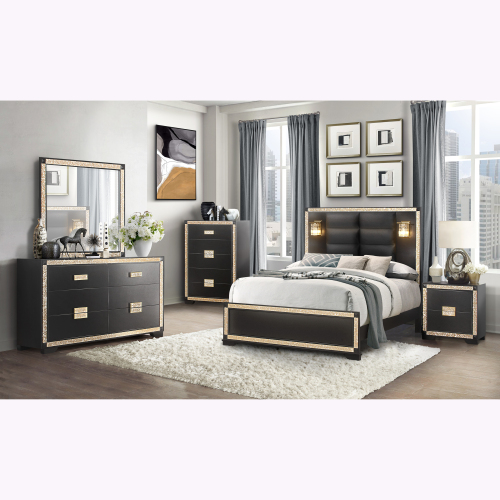 LIVELY BLACK/GOLD QUEEN BEDROOM SET - Solid Wood+MDF - Solid Wood+MDF - Contemporary - Rubberwood - Solid Wood - Not Specified - Not Specified - Not Specified - Not Specified - Not Specified - Box Spring Required - Polyester - Bed Included,Chest Included,Dresser Included,Mirror Included,Nightstand Included - 5 Piece Set - Built-in Lighting