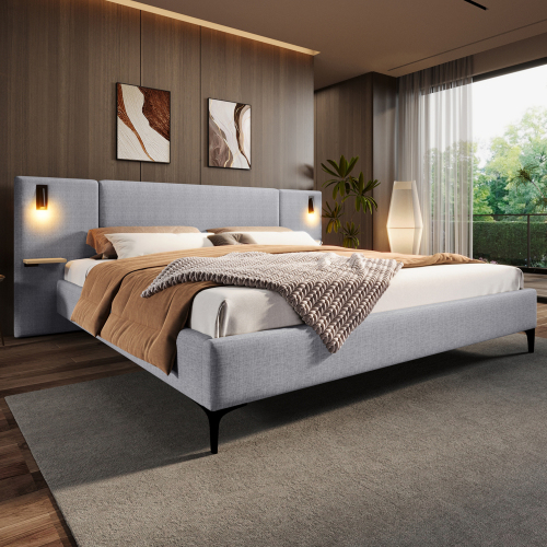 Chic Linen Upholstered Bed with Integrated Lights and Shelves, Grey, Queen - Box Spring Not Required - Not Specified - Bedroom - Bed Frame - Wood