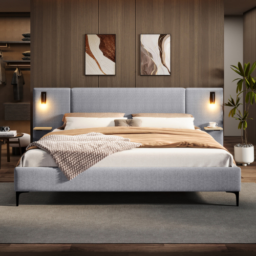 Chic Linen Upholstered Bed with Integrated Lights and Shelves, Grey, King - Box Spring Not Required - Not Specified - Bed Frame - Wood