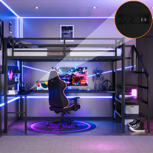 Full XL Size Loft Bed with L-shaped Desk and USB, Metal Loft Bed with Wardrobe and Adjustable Shelf, High Loft Bed with LED for Kids Teens Adults, Black - MDF+Metal - MDF