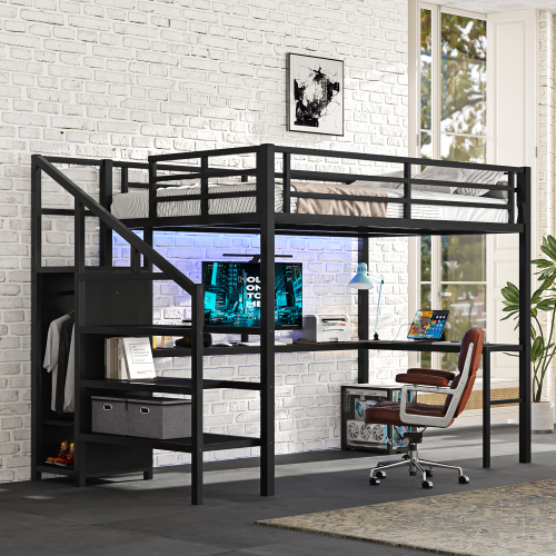 Full Size Loft Bed with L-shaped Desk and USB, Metal Loft Bed with Wardrobe and Adjustable Shelf, High Loft Bed with LED for Kids Teens Adults, Black - Not Specified