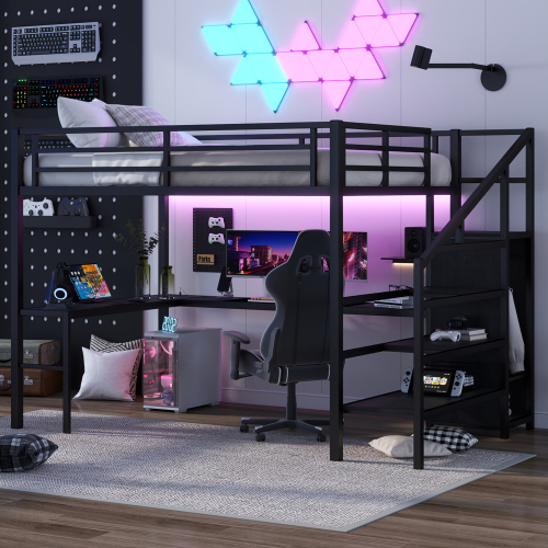 Queen Size Loft Bed with L-shaped Desk and USB, Metal Loft Bed with Wardrobe and Adjustable Shelf, High Loft Bed with LED for Kids Teens Adults, Black - Not Specified