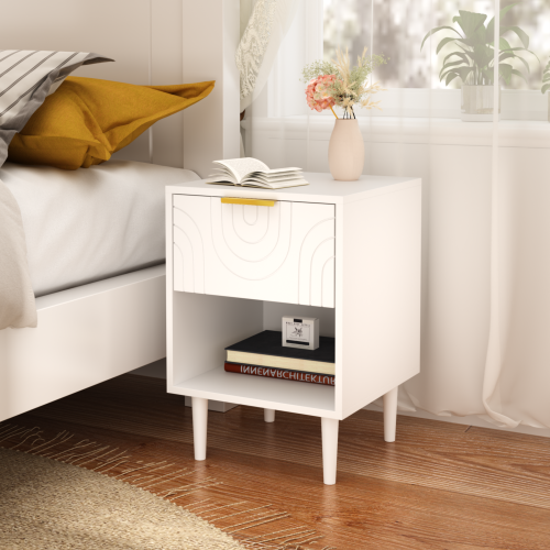 22.83'' H Modern White Nightstand with One Drawer and Open Shelf, Gold - Accented Handle, Ideal for Bedroom Decor - MDF - 1 Drawer