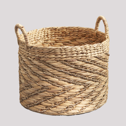 Isidore Round Water Hyacinth Seagrass Woven Basket with Handles - 15" x 15" x 11.8" - Natural Brown - For Clothes, Towels, Canvas, Toys and Magazine Storage and Home Decoration - Light Brown - Wicker - Farmhouse - Bedroom