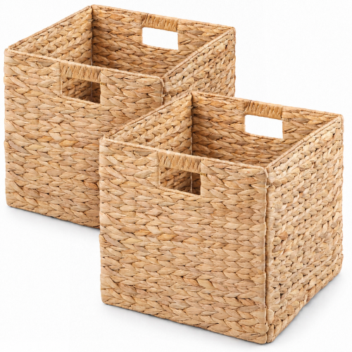 SOLHOME Water Hyacinth Folding Storage Baskets, Set of 2, Natural, 12.6" x 12.6" x 12.6", Handwoven Cube Baskets with Cutout Handles – Shelf Organizer, Toy Storage, Closet Storage - Light Brown - Not Specified - Not Specified
