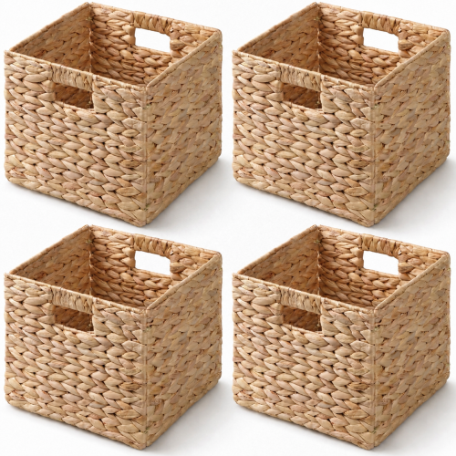 SOLHOME Water Hyacinth Folding Storage Baskets, Set of 4, Natural, 11.0" x 11.0" x 9.8", Handwoven Cube Baskets with Cutout Handles - Closet Organizer, Toy Bin, Nursery Basket - Light Brown - Not Specified - Not Specified