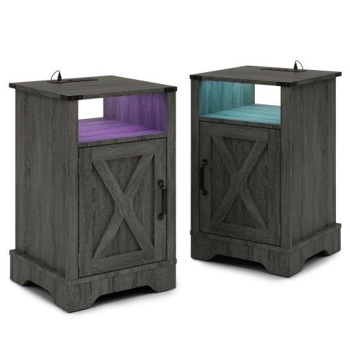 LED Nightstand Set of 2 with Charging Station, Bedside Table with Storage Cabinet and Shelf, Rustic End Table, Farmhouse Wooden Side Table, for Bedroom, Living Room, Dark Gray - Particle Board+MDF - Modern - USB Port - Engineered Hardwood - Not Specified