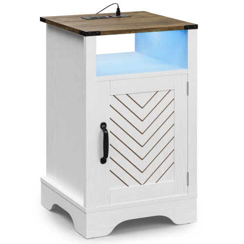LED Nightstand with Charging Station, Farmhouse Wooden Side Table, Bedside Table with Storage Cabinet and Shelf, Rustic End Table for Bedroom, Living Room, White and Rustic Oak - Rustic White - Particle Board+MDF - Modern - USB Port - Engineered Hardwood - Lacquer