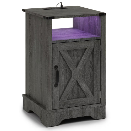 LED Nightstand with Charging Station, Bedside Table with Storage Cabinet and Shelf, Rustic End Table, Farmhouse Wooden Side Table, for Bedroom, Living Room, Dark Gray - Particle Board+MDF - Modern - USB Port - Engineered Hardwood - Lacquer