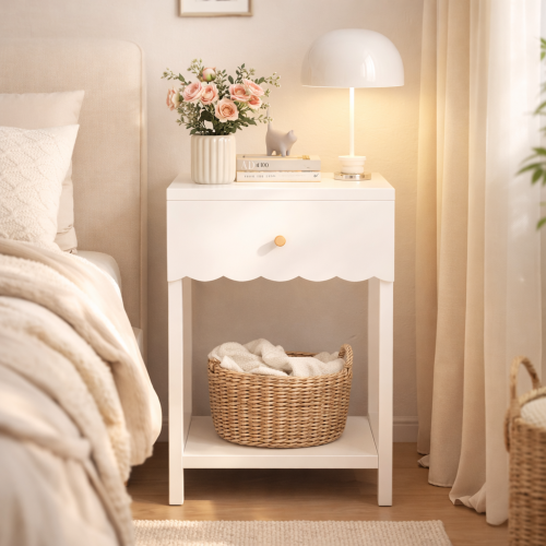 Modern White Nightstand with Drawer and Open Shelf,Scalloped Edge Bedside Table for Bedroom, Cute Minimalist Side Table for Kids Room or Girls' Room - MDF - 1 Drawer - Not Specified - Not Specified