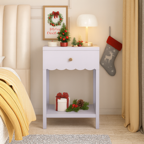 Modern Nightstand with Drawer and Open Shelf,Scalloped Edge Bedside Table for Bedroom, Cute Minimalist Side Table for Kids Room or Girls' Room,Light Purple - Light Purple,Lilac - MDF - Cute,Modern - 1 Drawer - Not Specified - Drawers - Drawer Storage