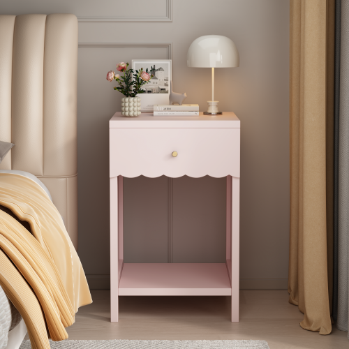 Modern Nightstand with Drawer and Open Shelf,Scalloped Edge Bedside Table for Bedroom, Cute Minimalist Side Table for Kids Room or Girls' Room, Pink - MDF - 1 Drawer - Not Specified - Not Specified - Not Specified
