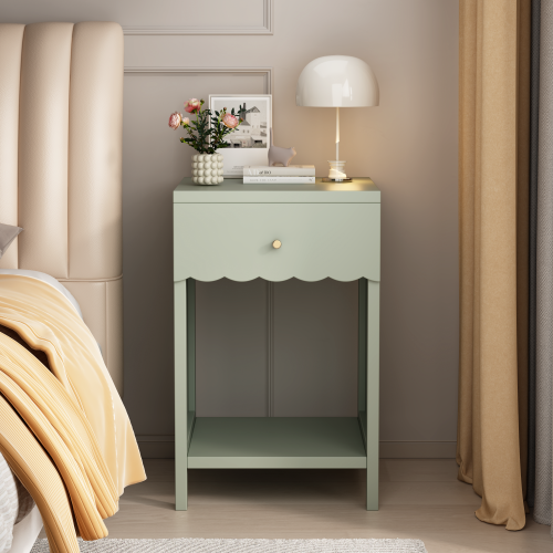 Modern Nightstand with Drawer and Open Shelf,Scalloped Edge Bedside Table for Bedroom, Cute Minimalist Side Table for Kids Room or Girls' Room,Sage - MDF - 1 Drawer - Not Specified - Not Specified - Not Specified