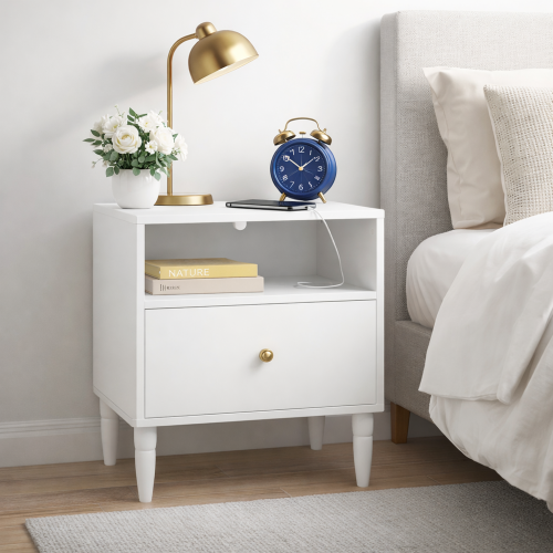 Modern White Nightstand with Drawer and Open Shelf, Bedside Table with Gold Knob, Solid Wood Legs, Small End Table for Bedroom, Living Room - MDF - 1 Drawer