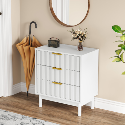 3 Drawer Dresser with Fluted Panel Design, Modern Wood Chest of Drawers with Chic Edge Pull, Large Nightstand Side Table, Wood Storage Organizer for Bedroom, Living Room, Entryway, White - Particle Board+MDF - MDF - 3 Drawers - Easy Assembly - Bedside Cabinet - Lacquer