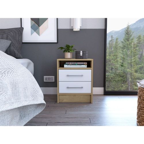 White and Light Oak 2-Drawer 1-Shelf Rectangle Nightstand - Particle Board