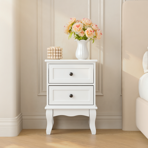 Modern White Nightstand with 2 Drawers, French Country Bedside Table with Elegant Carved Legs, Small End Table for Bedroom, Living Room, or Guest Room - MDF