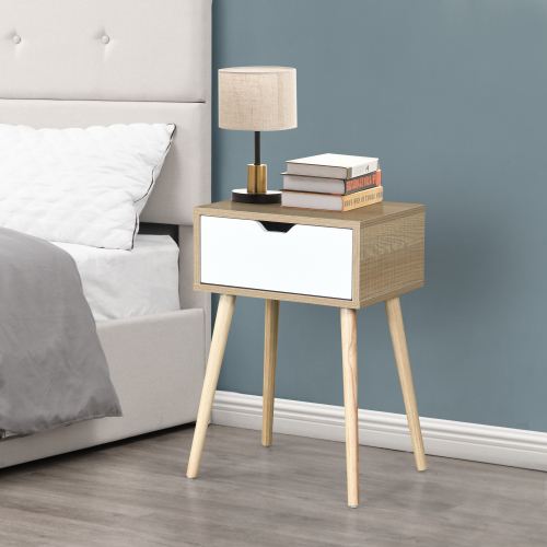 Side Table with 1 Drawer and Rubber Wood Legs, Mid-Century Modern Storage Cabinet for Bedroom Living Room Furniture, White with solid wood color - Natural - MDF