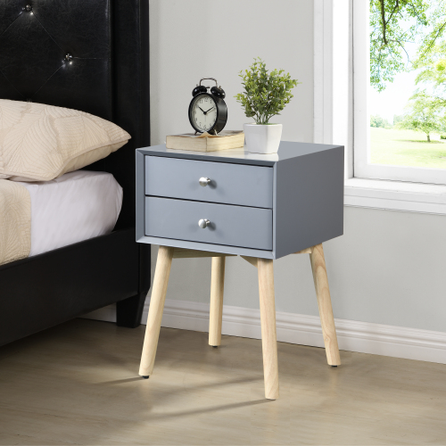 Side Table,Bedside Table with 2 Drawers and Rubber Wood Legs, Mid-Century Modern Storage Cabinet for Bedroom Living Room, Gray - MDF
