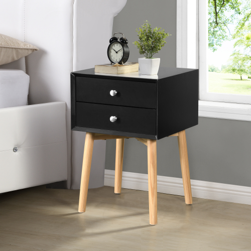 Side Table,Bedside Table with 2 Drawers and Rubber Wood Legs, Mid-Century Modern Storage Cabinet for Bedroom Living Room, Black - MDF