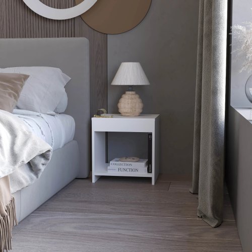 White Nightstand with Open Storage - Particle Board - Modern - Shelf - Bedroom