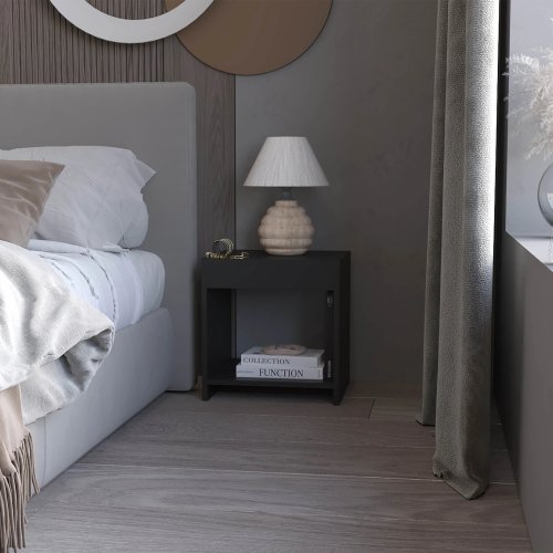 Wenge Nightstand with Open Storage - Particle Board - Modern - Shelf - Black - Bedroom