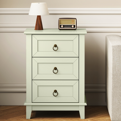 Light Green Nightstand with 3 Drawers, Modern Tall Narrow Bedside Table, Wood End Table with Storage for Bedroom, Living Room - Particle Board+MDF - Farmhouse - USB Port - Pedestal