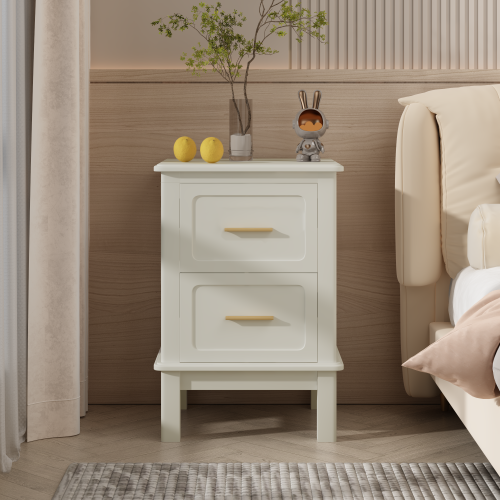 Modern Nightstand with 2 Drawers, Bedroom Bedside Table with Gold Handles, Sturdy Wood Accent Table for Small Spaces, Living Room, Kids Room & Guest Room-Off White - Cream White - MDF - Drawer Storage