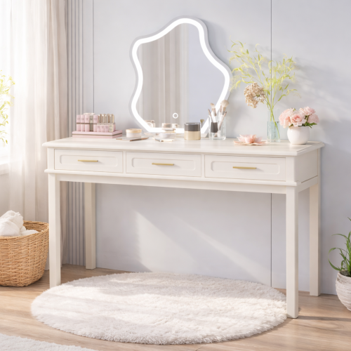 Cream White Vanity Desk with 3 Drawers, Modern Makeup Table or Writing Desk, Multipurpose Dressing Table for Bedroom, No Mirror Included - MDF - Not Specified - Not Specified - Not Specified