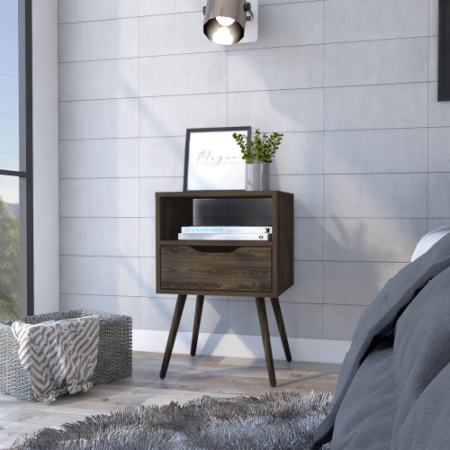 Otom Nightstand , Superior Top, One Open Shelf, One Drawer, Four Legs -Dark Walnut - Brown - Particle Board - Particle Board - Not Specified - Not Specified - Not Specified - Not Specified - Not Specified