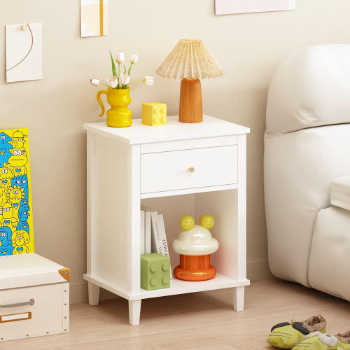 26.77''H Wooden Nightstand with One Drawer One Shelf for Kids, Adults, White+Golden handle - MDF - Not Specified
