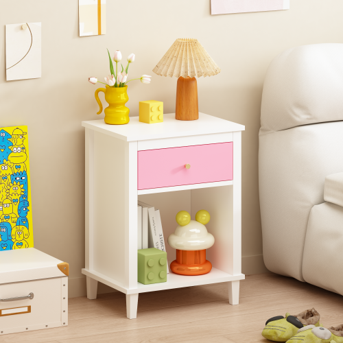 26.77''H Wooden Nightstand with One Drawer One Shelf for Kids, Adults, Pink+Golden handle - MDF - Not Specified