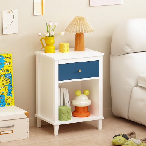 26.77''H Wooden Nightstand with One Drawer One Shelf for Kids, Adults, Navy+Golden handle - White - MDF - 1 Drawer