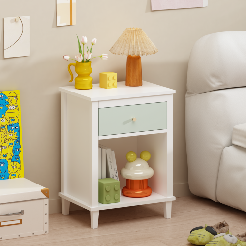 26.77''H Wooden Nightstand with One Drawer One Shelf for Kids, Adults, Sage+Golden handle - White - MDF - 1 Drawer