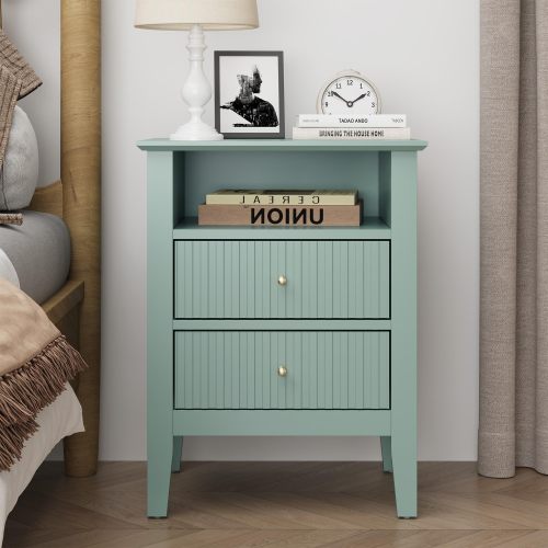 Fluted Night Stand, 23" Tall Wood End Table with Storage, Wide Nightstand with 2 Drawers, Modern Bedside Table with Golden Handle for Bedroom Living Room, Home Office, Green - Particle Board+MDF - Farmhouse - USB Port - Pedestal - White
